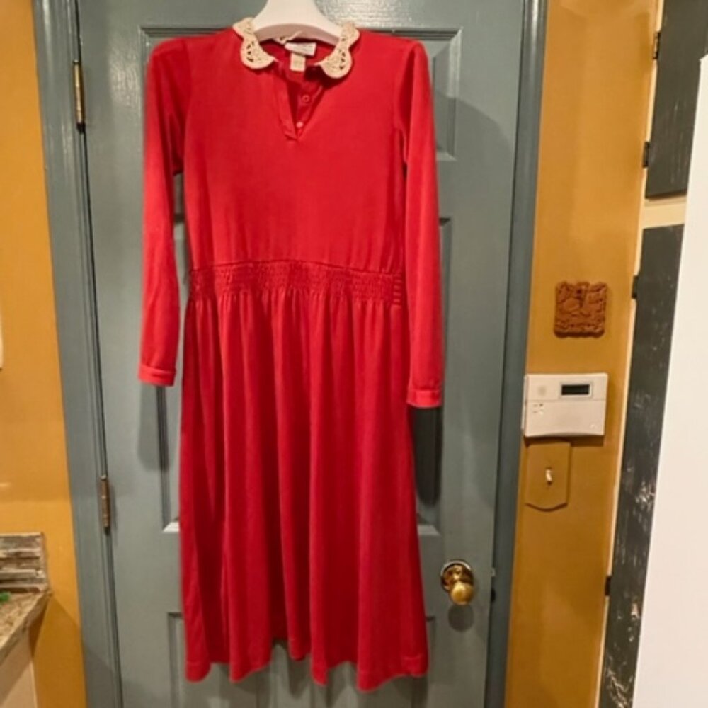 Lanz burgundy rust dress w/lace collar, S, 70s, good condition